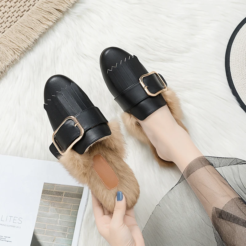 WOMEN'S Shoes Mules Shoes Rabbit Fur Outdoor Slipper 2020 New Style Rabbit Fur Closed-toe Semi-Slipper Flat Top Shoes