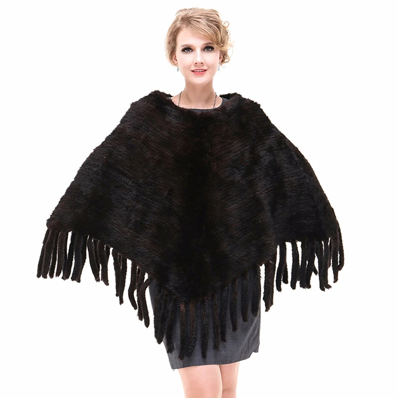 Lady Genuine Knitted Mink Fur Pullover with Tassels Women Wedding Shawl Female Pashmina Wraps LF21008ZGF