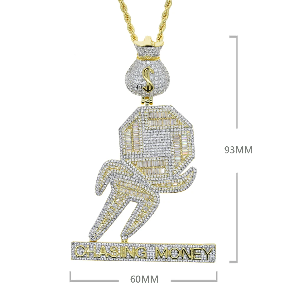 New Iced Out Bling CZ Letter Chasing Money Pendant Necklace Cubic Zirconia Dollar Symbel Money Bag Men Fashion Hip Hop Jewelry