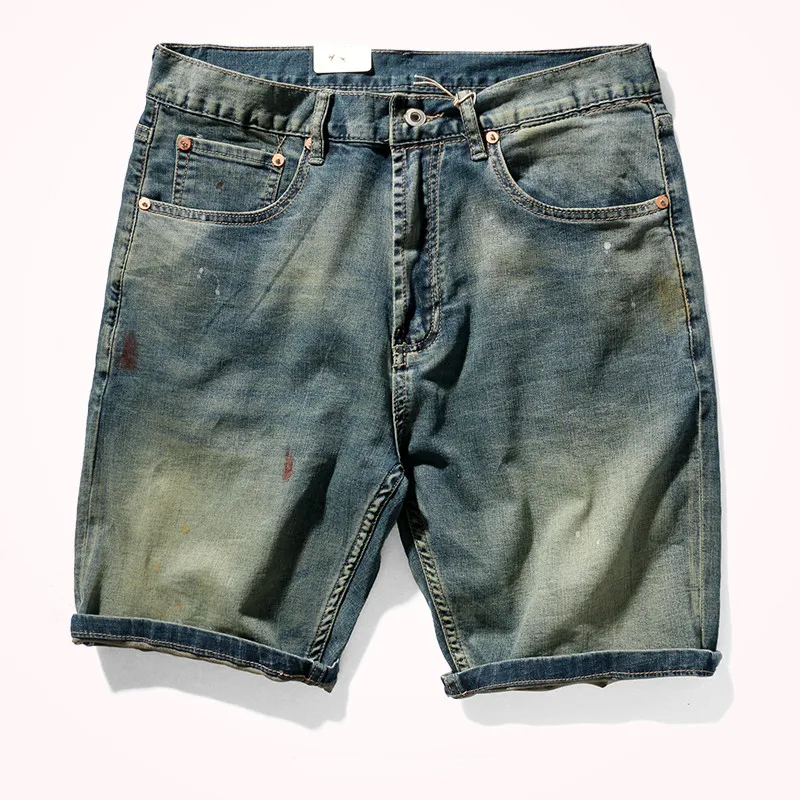 

Summer New American Retro Thin Denim Shorts Men's Fashion Capris Washed Old Cat Beard Middle Waist Straight Knee Length Pants