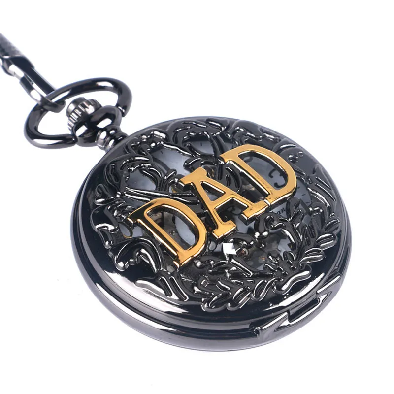 Steampunk Black Hollow Out Case Men's Handwinding Mechanical Pocket Watch Dad Design Pendant Chain Clock Gift To Father