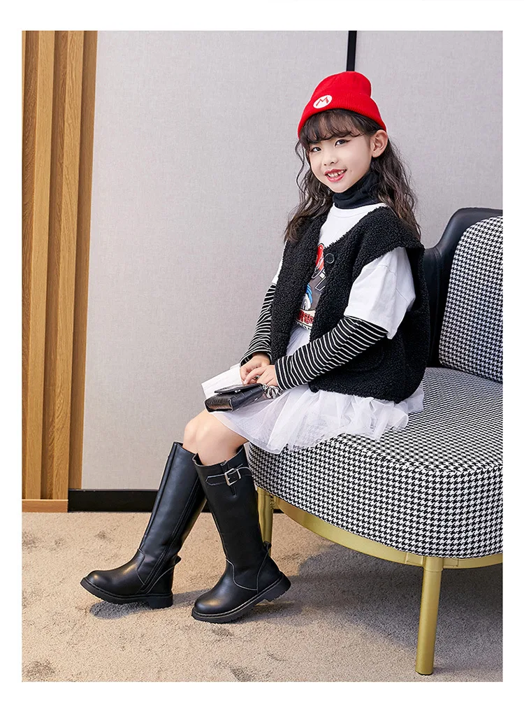 Girls High Boots Fashion Genuine Leather Shoes With Girls Children  Lace Fashion Boots Buckle Femininas Rubber Boots Winter Boot