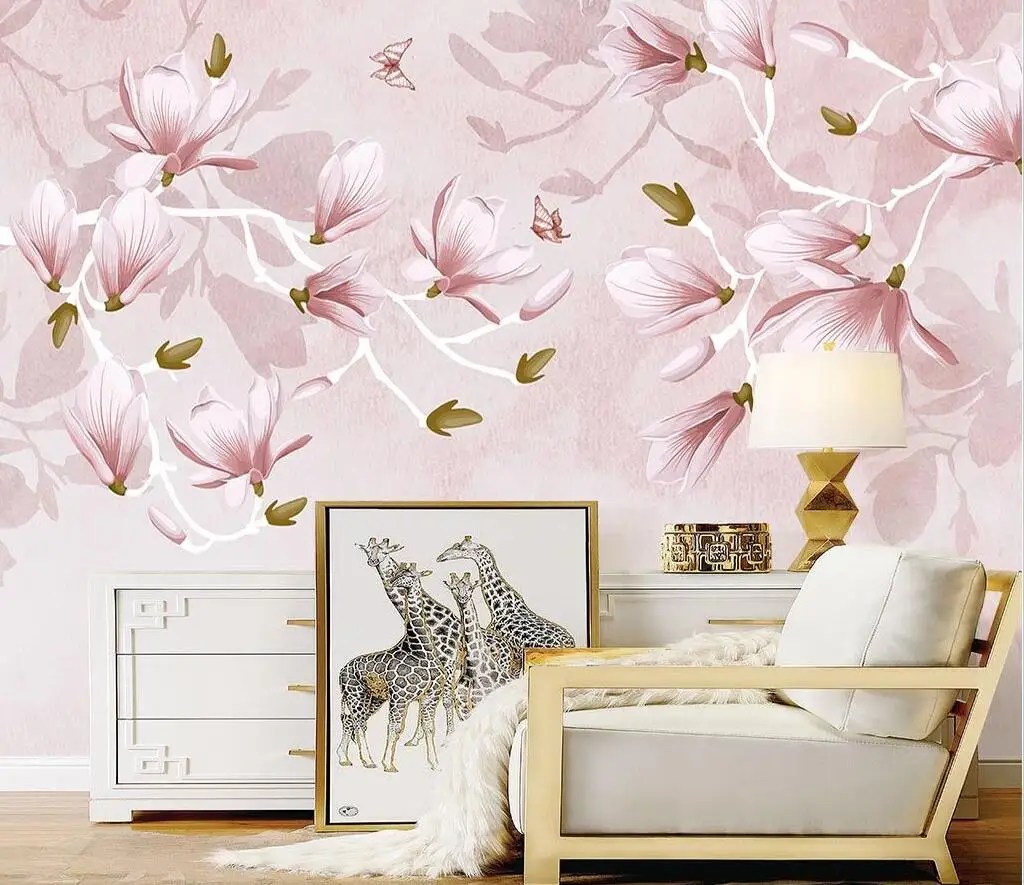 Custom Hand painted pink magnolia flowers mural wallpaper wall papers home decor photo wall covering TV background wall painting