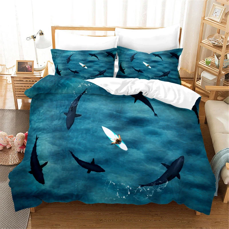 3D Blue Ocean Sharks Duvet Cover with Pillow Cover Bedding Set Single Double Twin Full Queen King Size Bed Set for Bedroom Decor