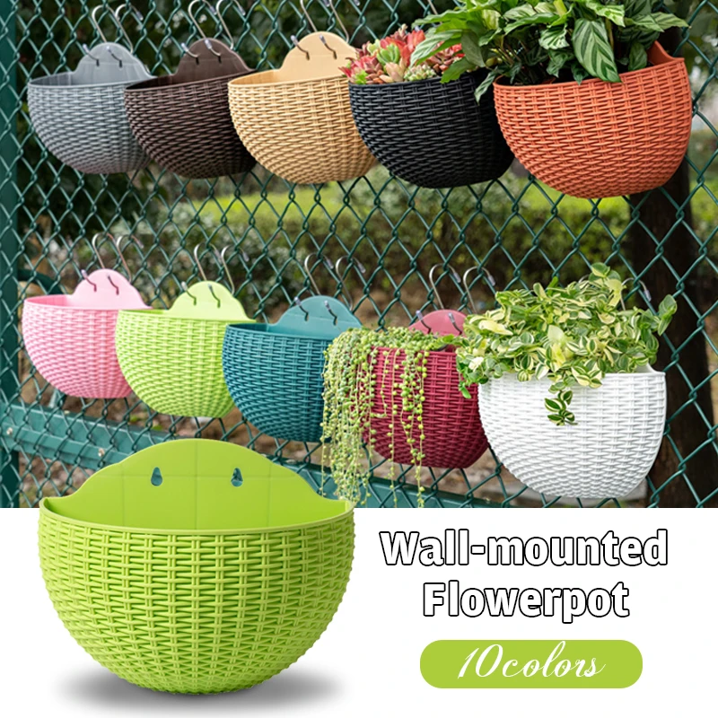 

Imitation Rattan Wall Hanging Plant Pots Basket Plastic Flowerpot Garden Vine Pot Plants Holder Fence Balcony Hanging Flower Pot