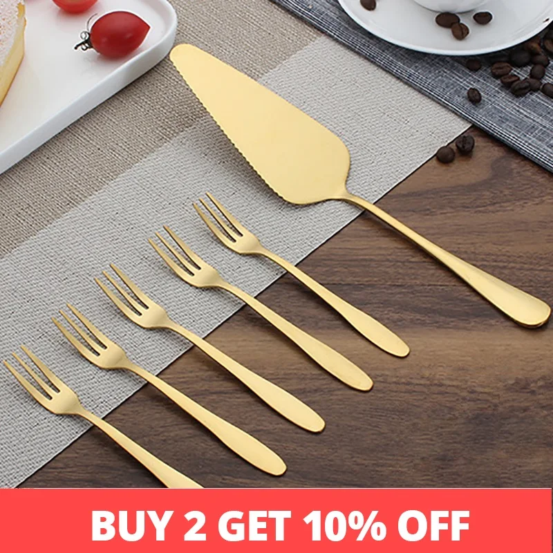 

Stainless Steel Gold Cake Shovel Fruit Forks Pie Pizza Cheese Knife Pastry Server Golden Cake Divider Butter Knife 5-6pcs