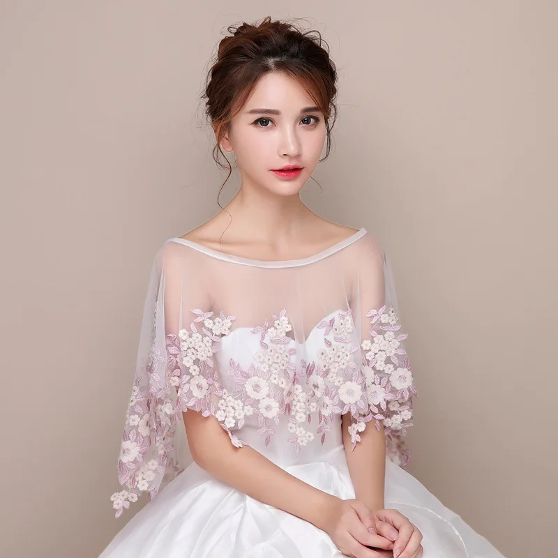 Sexy White Women Bolero Lace Mesh Summer Bridal Shawl Wrap Floral Embroidery Wedding Jacket Wraps Elegant Mujer Cape Mariage