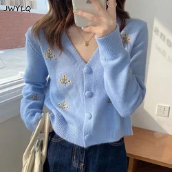 Embroidery Cardigan V-neck Short Sweater Simple Sweet College Preppy Style Spring Jackets Cardigan Women Summer Designer Sweater