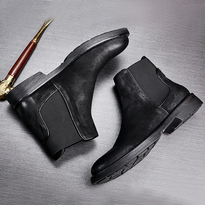 Yomior 2021 New Fashion Vintage Men Casual Shoes Handmade Cow Leather Autumn Winter Ankle Boots Slip-On Wedding Chelsea Boots