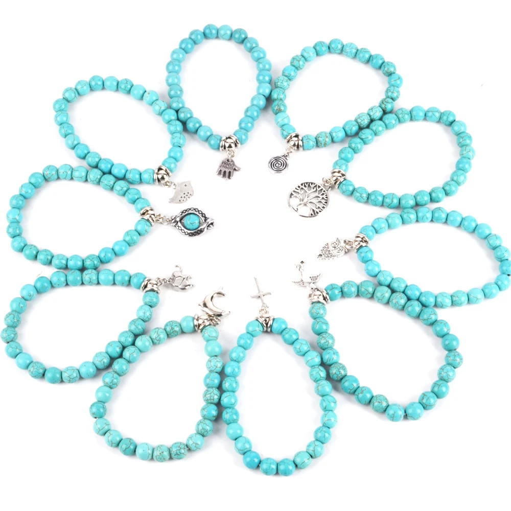 Boho Vintage Turquoises Bracelets for Women Men\'s Handmade Accessories Alloy Pendants Cross Tree Snake Owl Charm Bracelet Bangle