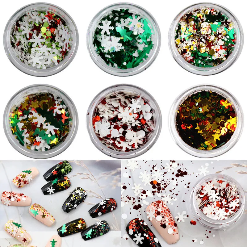 PrettyG 1g/Box Christmas Series Nail Snowflake Christmas Tree Star Chunck Sequin Mixing Glitter Power Nail Art Decoration CH