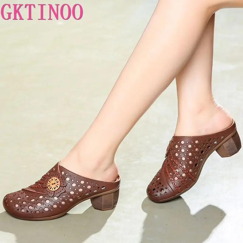 GKTINOO Handmade Women Slippers Genuine Leather Women Shoes 2024 New Summer Slides Hollow Out Retro Leisure Ladies Slippers