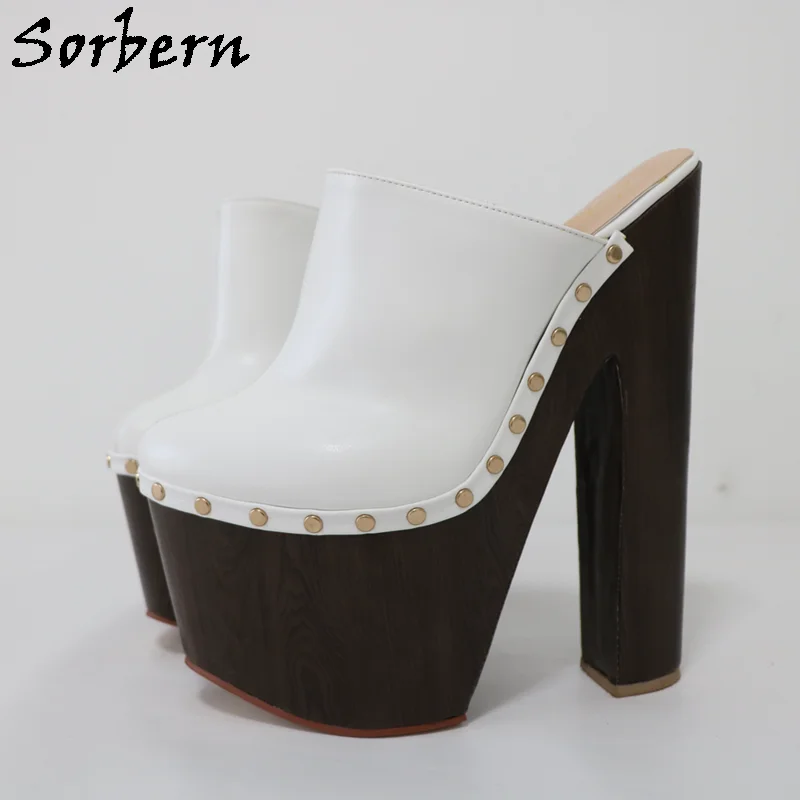 Sorbern Punk Rivets Women Pump Block Heels Mules Unisex Studs Side Slip On Cork Style Wrapped Chunky Heel Platform Thick Shoe