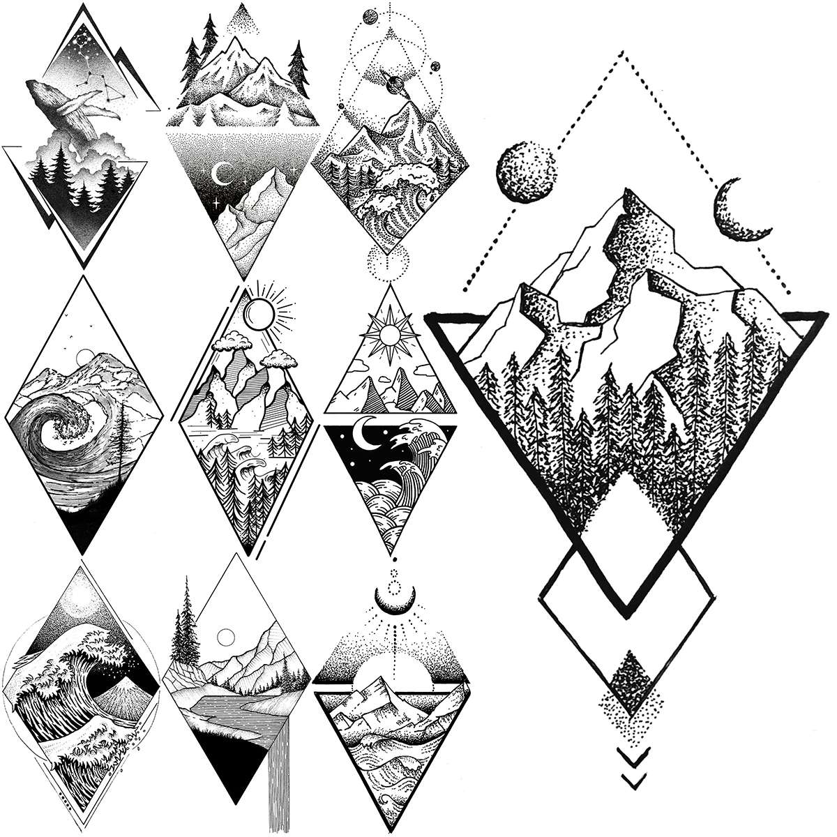 

Small Geometric Mountain Temporary Tattoos For Women Men Realistic Whale Forest Ocean Wave Fake Tattoo Sticker Body Neck Tatoos