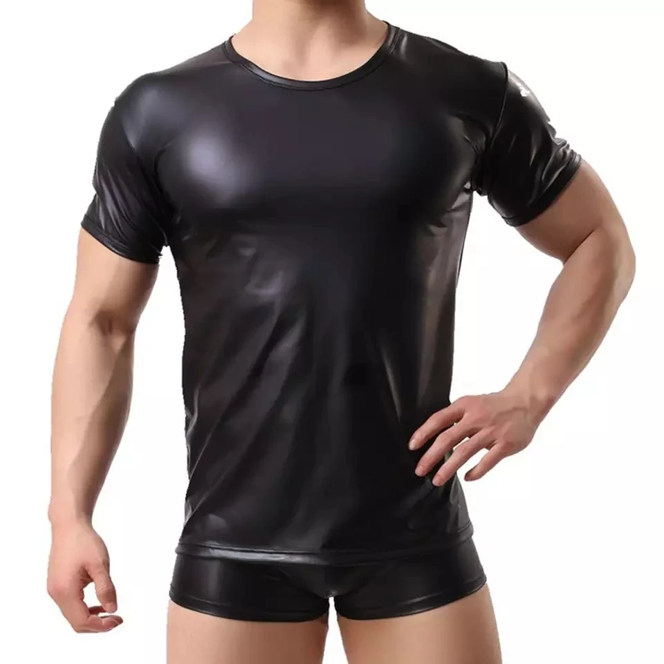 Sexy macio PU couro manga curta dos homens tops, colete erótico shaping bainha, látex metálico masculino casual t-shirts, couro envernizado t-shirts