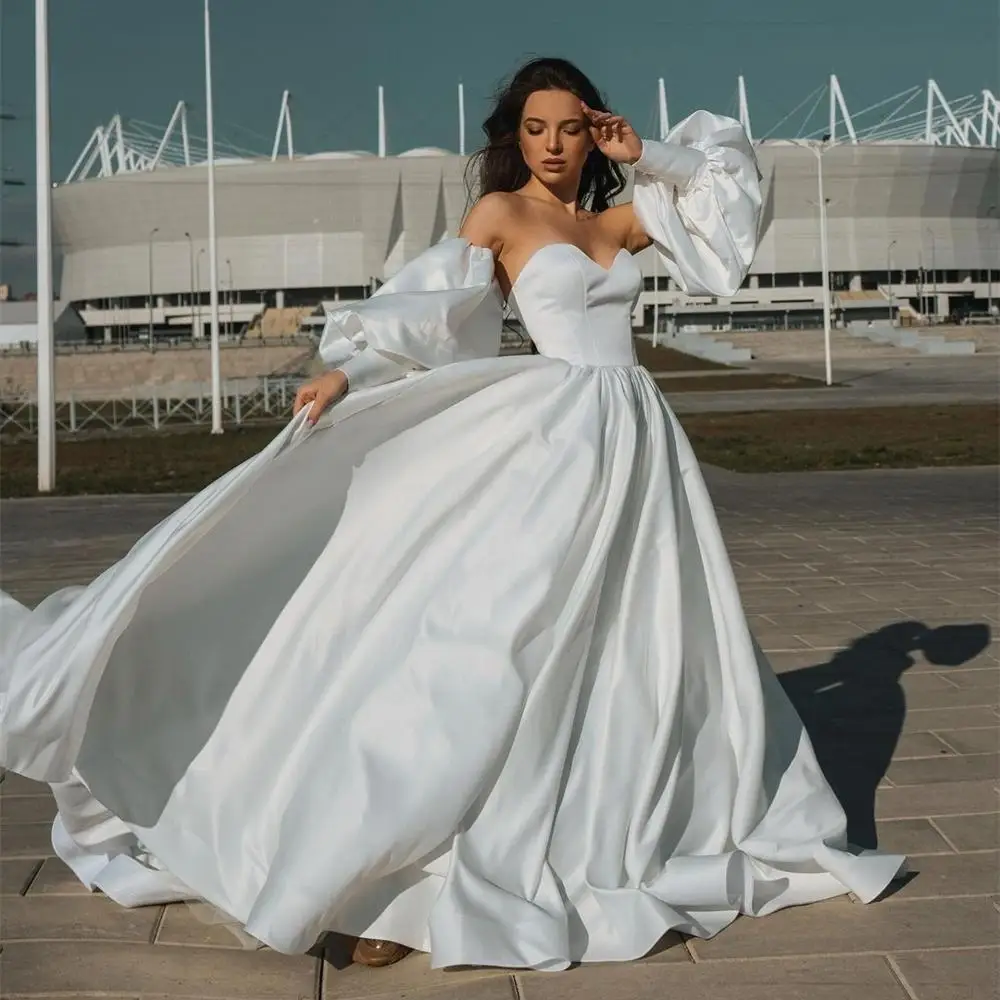 Lindo vestido de casamento de cetim com manga bufante, a-linha, vestidos de noiva femininos com ombro nu, amor, design exclusivo, branco, 2021