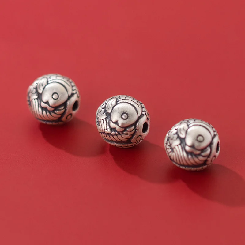 1pc 999 Pure Silver Lucky Fish Pattern Separation Round Loose Beads 10mm Craftwork 3D 999 Silver Space Charm Beads DIY Jewelry