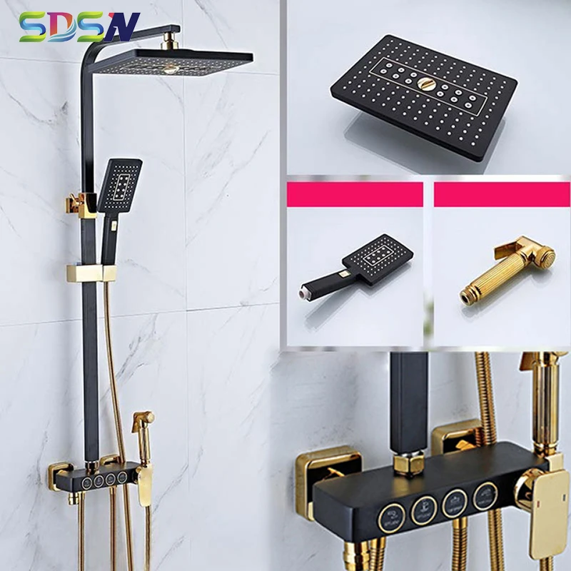 Hot Cold Bathroom Shower Set SDSN 12 Inch Rainfall Bathroom Shower Mixer Tap Black Gold Bath Shower System Thermostatic Shower