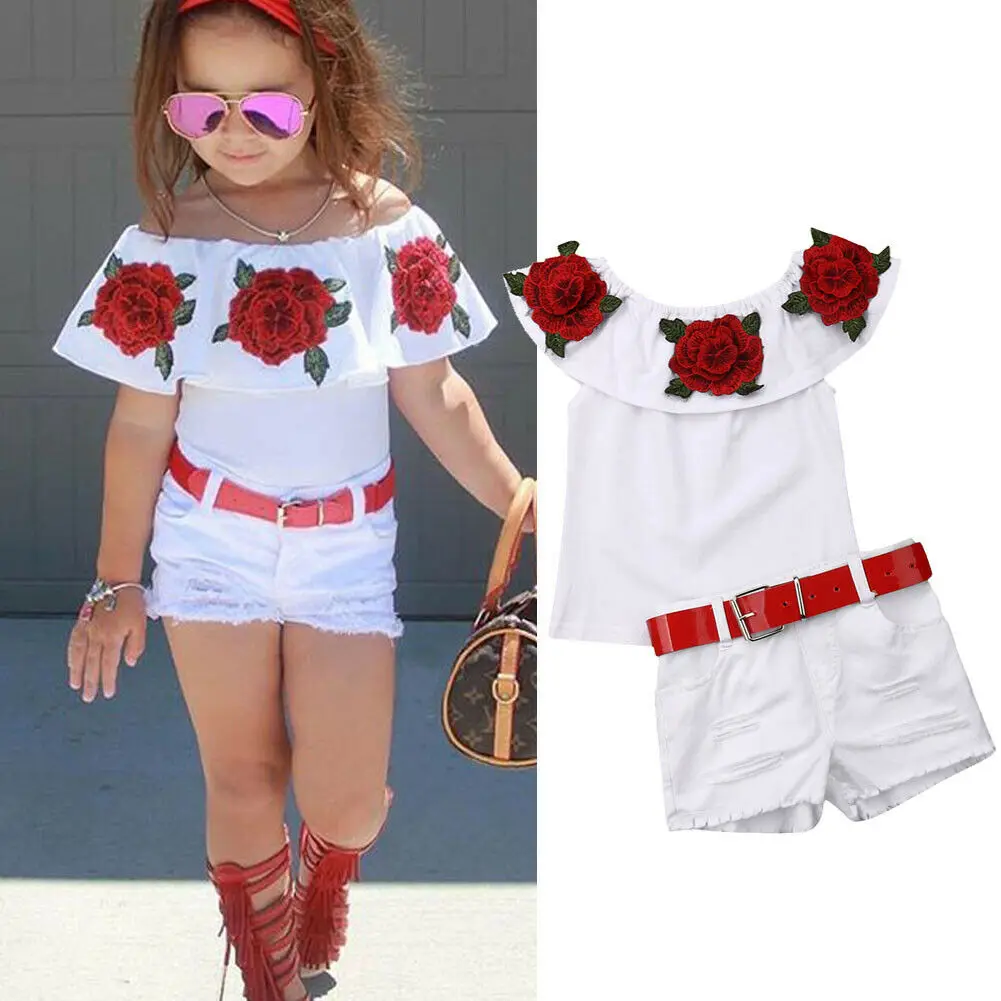 1-7 Years Infant Kid Baby Girls Clothes Set Off Shoulder 3D Rose Flower Ruffle White T-shirt Tops + Shorts Outfits Sets