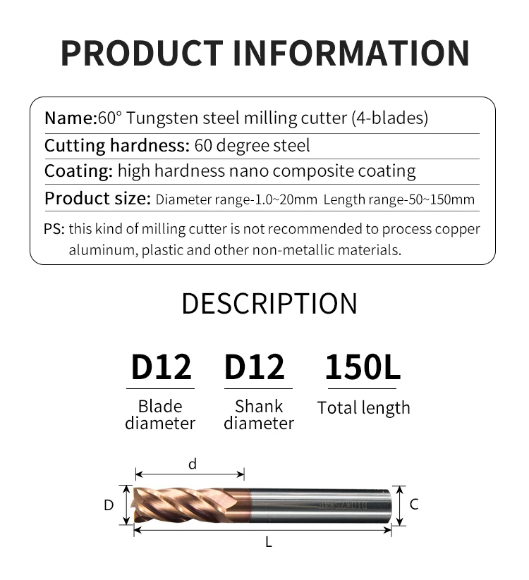 HRC 60 4-Flute Tungsten Steel Milling Cutter Tools 1.0-20.0mm CNC Machine Carbide Flat End Mills Alloy Coating Flat Metal