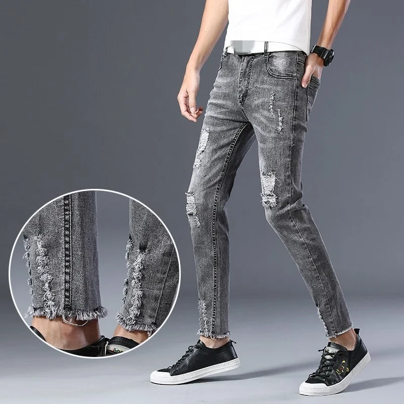 2022 Summer Ankle-Length Jeans Men Fashion Slim Frayed Denim Pencil Pants High Street Washed Light Gray Casual Zipper Jeans