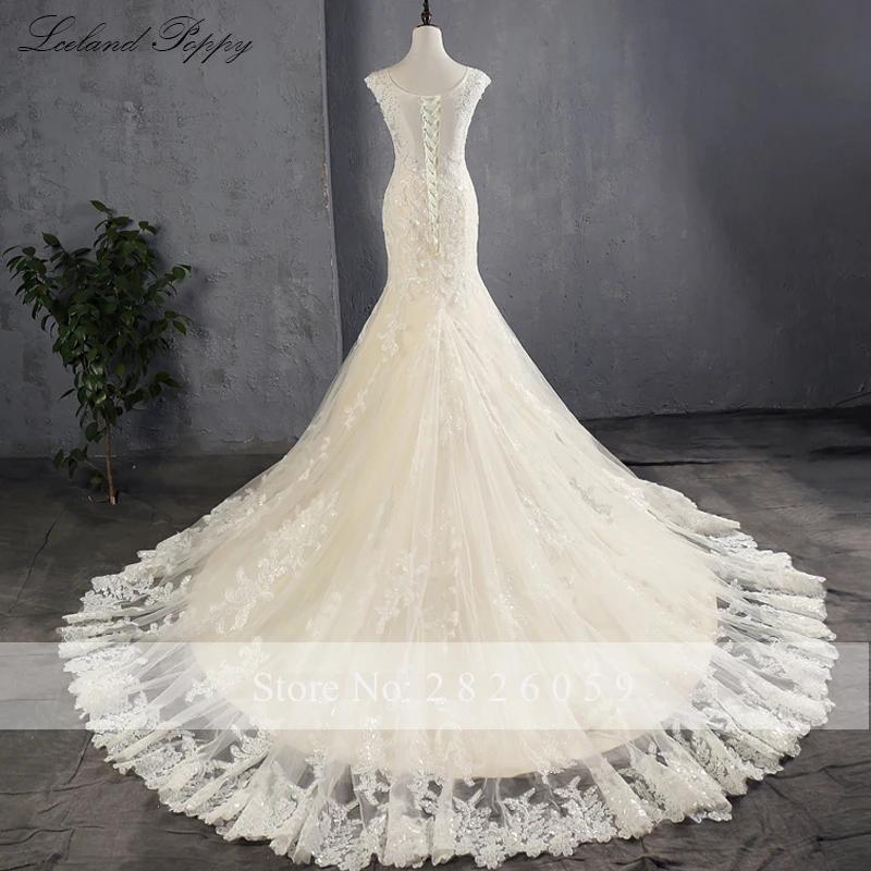 Lceland Poppy Customized Mermaid Wedding Dresses V-neck Cap Sleeves Lace Appliques Beaded Bridal Gowns with Court Train