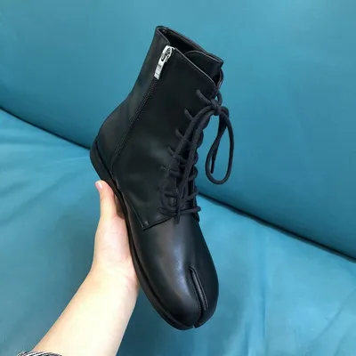 Winter Split Toe Ninja Tabi Genuine Cow Leather Ankle Boots Women Round Chunky Low Heels lace up Short Shoes Botas Feminina