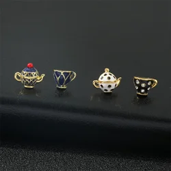 Tea Cup Earrings for Women, Teapot Earings, Gold Color, Asymmetric Enamel, Ear Stud, Gift for Girl, Fashion
