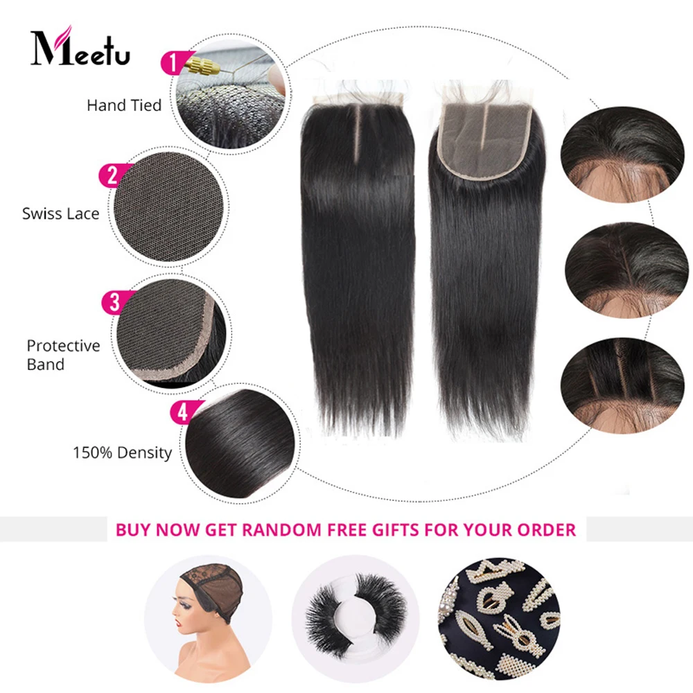 Meetu Bundles With Closure Bone Straight Human Hair Bundles With Transparent Lace Closure Brazilian Remy Hair Weave Extension