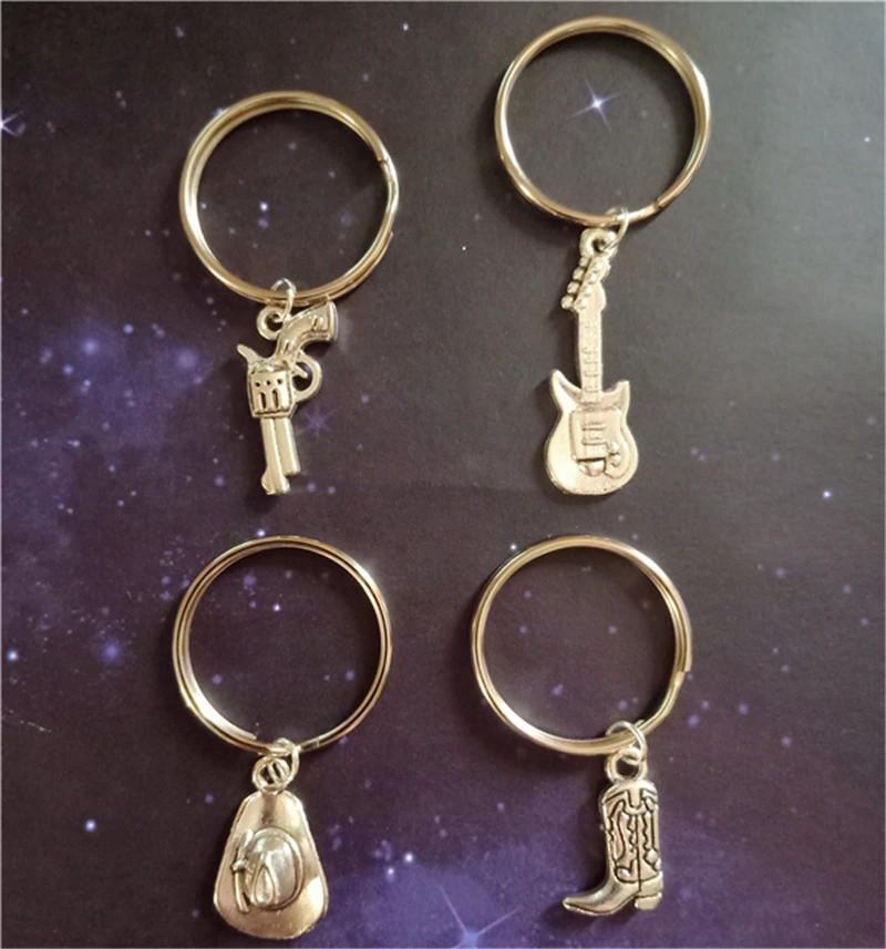 4pcs/lot Handmade Ceative Keychain Keyring Guitar Key Chain Ring Western Jewelry Cowboy Boot Keychain Gift Cowboy Hat Keychain