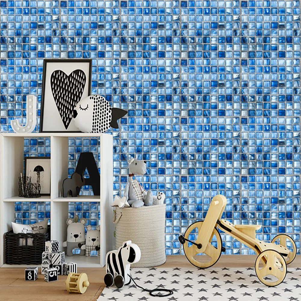 10pcs Blue Flat Mosaic Tiles Wall Sticker Printed in 2D Kitchen Bathroom Home Decor Waterproof Peel & Stick PVC Art Wall Decals