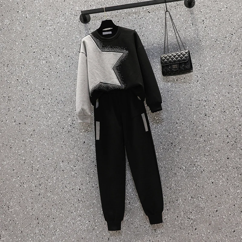 Plus Women Sport Black Gray Suit Rhinestone Sweatershirt Top And Pant Two Piece Set Outfit Cotton Clothes Trousers Tracksuit