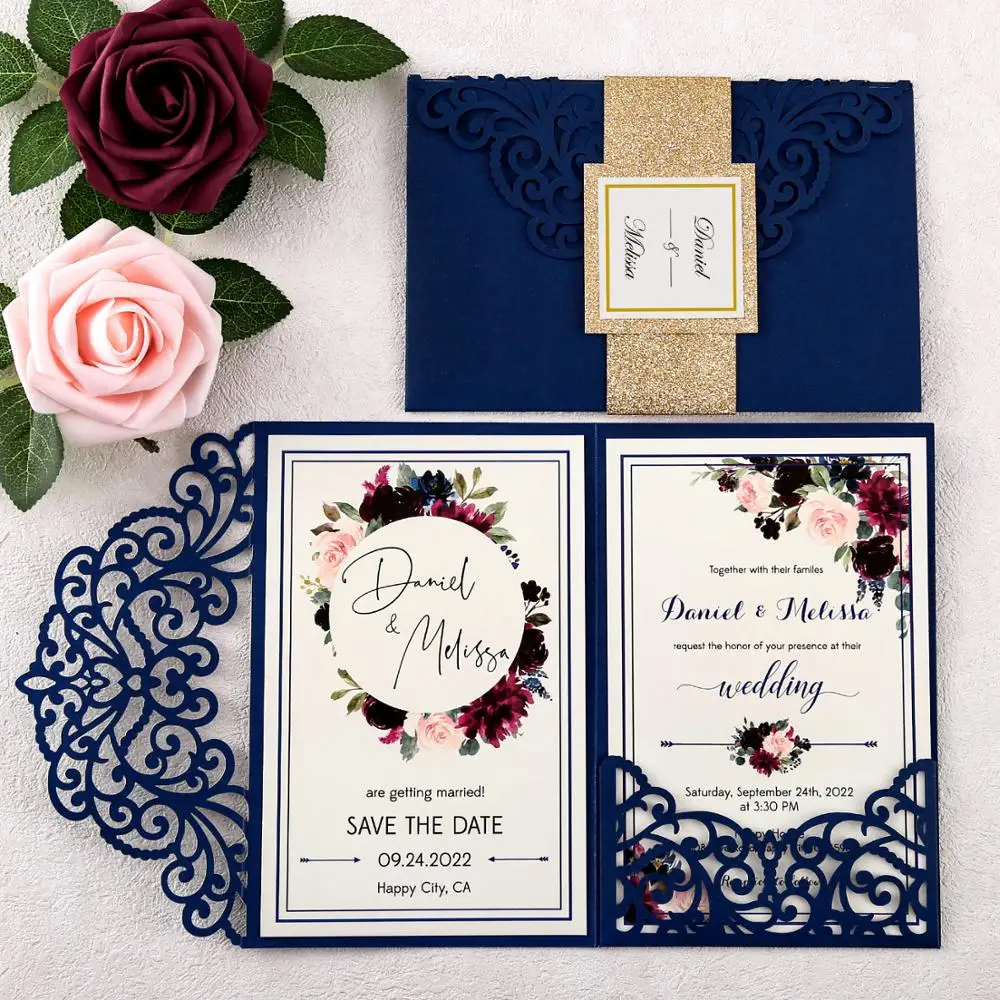 

50pcs Blue Laser Cut Hollow Wedding Invitations with Gold Glitter Belly Band for Wedding