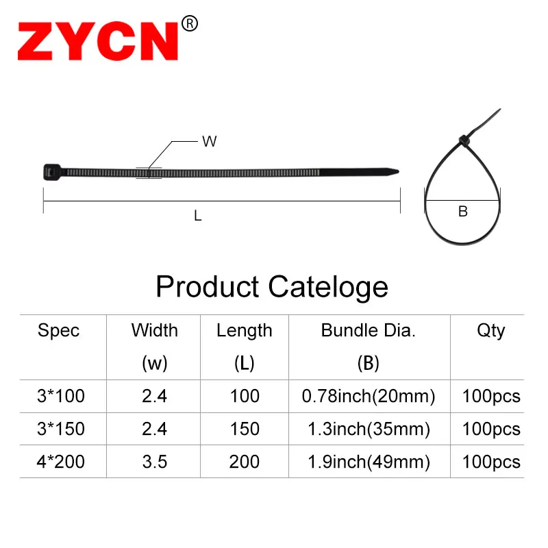ZYCN 300pcs Plastic Cable Tie Self-Locking Black Set 3*100 3*150 4*200mm Wraps Ring Loop Nylon Wire Zip Industrial Fasteners