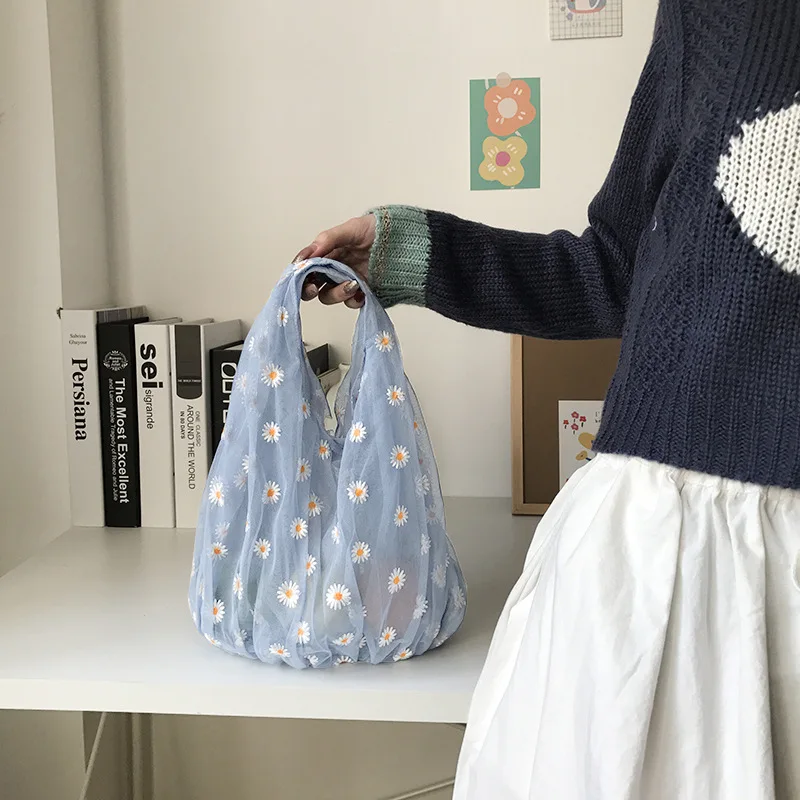 Women Small Transparent Tote Mesh Cloth Bags Daisy Embroidery Handbag Quality Eco Fruit Bag Little Decoration Purse For Girl