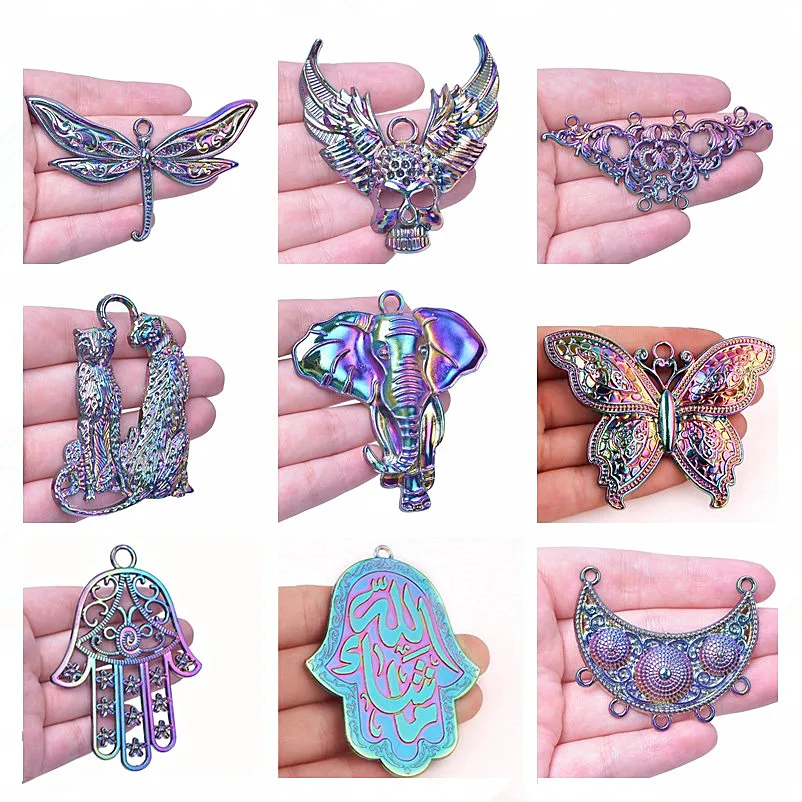 2pcs Rainbow Animal Charms For Jewelry Making Supplies Elephant Leopard Butterfly Charm Pendant Handmade Accessories Fatima Hand