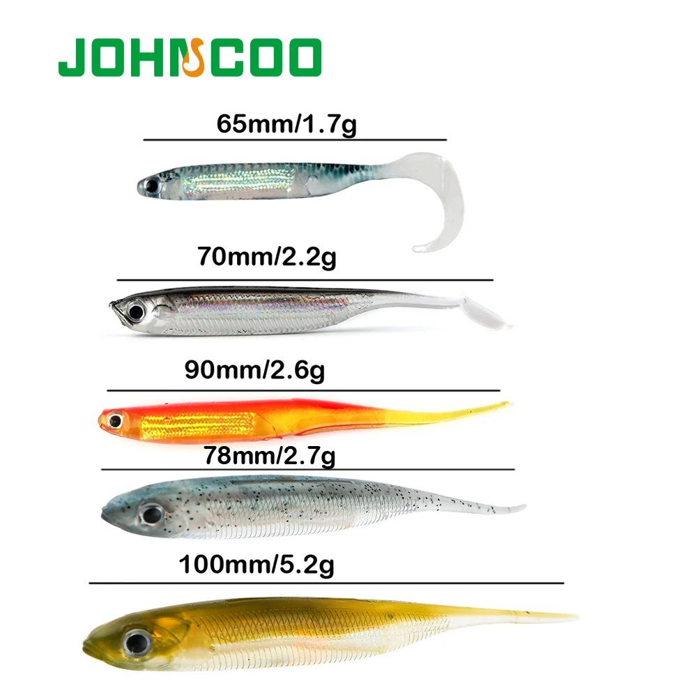 JOHNCOO 6pcs Soft Bait Fishing Lures 1.7g 2.2g 2.6g 5.2g T Tail Artificial Wobblers Soft Baits Silicone Shad Worm Bass Lure