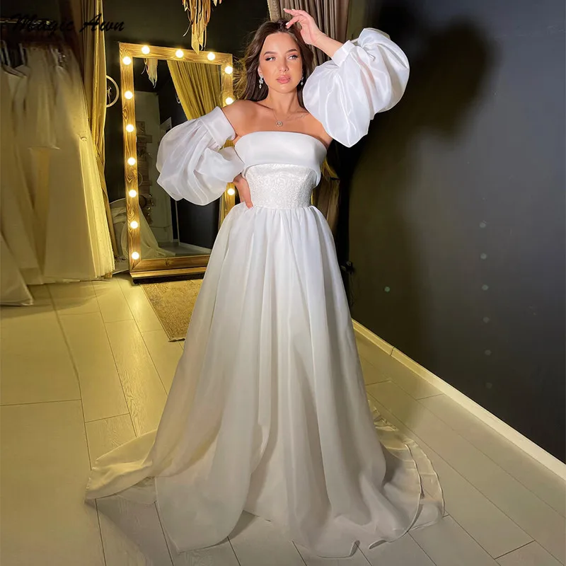 

Magic Awn 2022 Organza Shiny Wedding Dresses Detachable Puff Sleeve Sequins White A-Line Bridal Gowns Lace-Up Back Robe Mariage