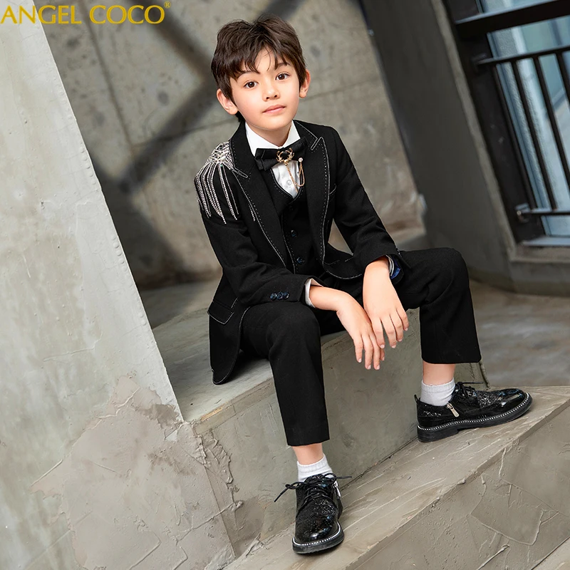 Jungen Anzüge 7 stück Schwarz Blume Junge Kleid Jacke Handsome Jungen Anzüge Für Hochzeiten Modell Laufsteg Kostüm Enfant Garcon Mariage