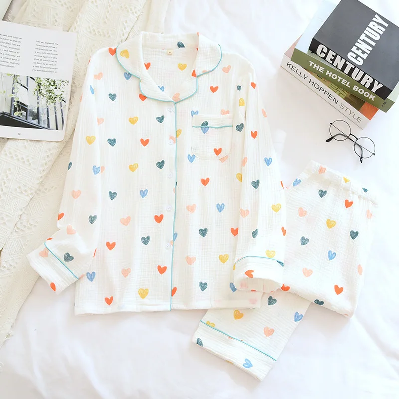 Cotton Crepe Heart Print Women Pajamas Thin Sleepwaer Pyjamas Women 2024 Soft Loose Pajama Set Casual Long Sleeve Pijamas Suit