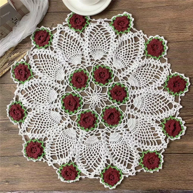 45CM Round Multicolor Handmade Cotton Crochet 3d Flowers Lace Table Placemat Cloth Cover Towel Wedding Christmas Decorative Mat