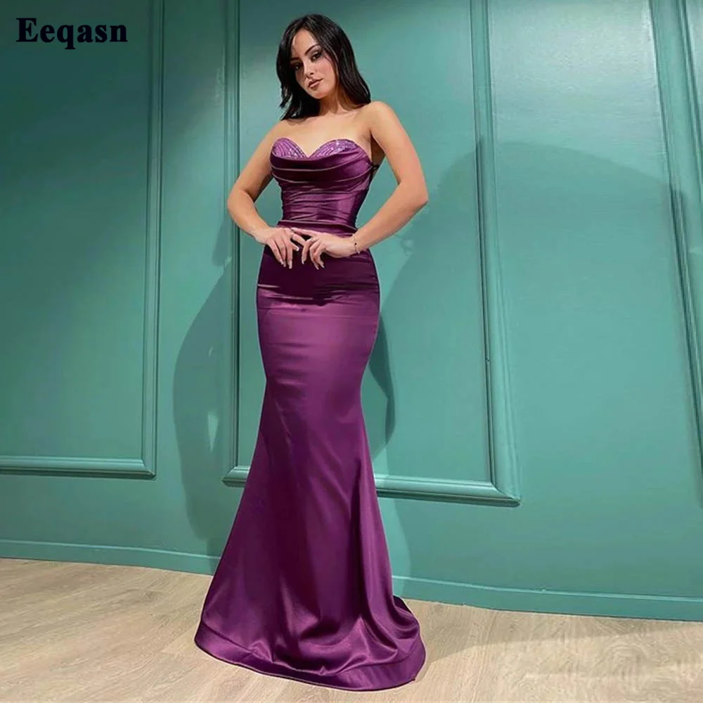 Eeqasn-vestido de noche de sirena de satén púrpura moderno, vestido largo con lentejuelas brillantes, sin mangas, Formal, para mujer, para fiesta en club nocturno