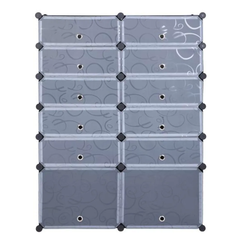 Modular Cube Storage Unit 12-Cube DIY Shoe Rack Organizer Plastic Cabinet with Doors 6 Tier Sloset Cabinet 10Small&2Large Cells