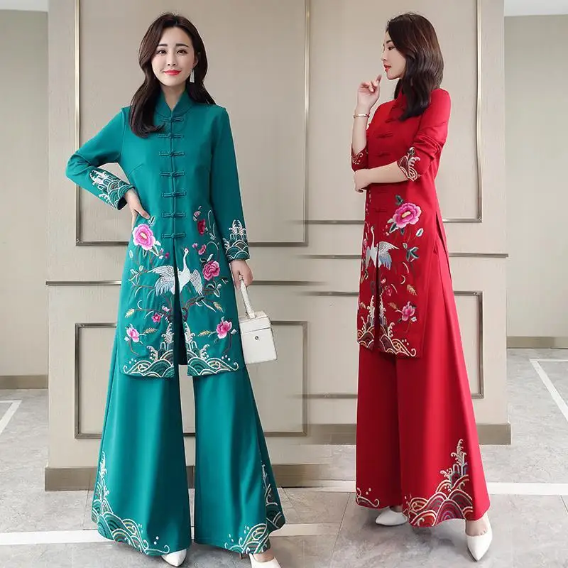 

China Traditional Clothing Midi Two Pieces Chinese Styles Vintage Women Qipao Tops Pants Set Orientale Embroidery Tang Suit New