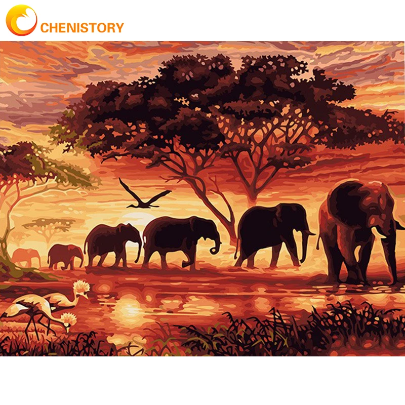 

CHENISTORY Sunset Elephants Animals DIY Painting By Numbers Modern Wall Art Hand Painted Acrylic Picture For Home Decor 40x50cm