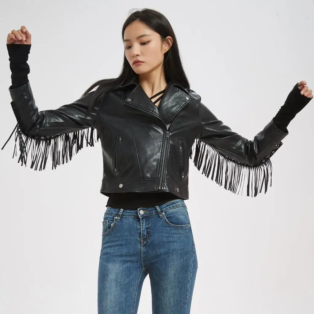 Vrouwen Nieuwe Lange Mouwen Back Brown Kwasten Lange Lederen Kwasten Jas De Misfit Fringe Brand Slim Vriendje Stijl Pu Jas jas