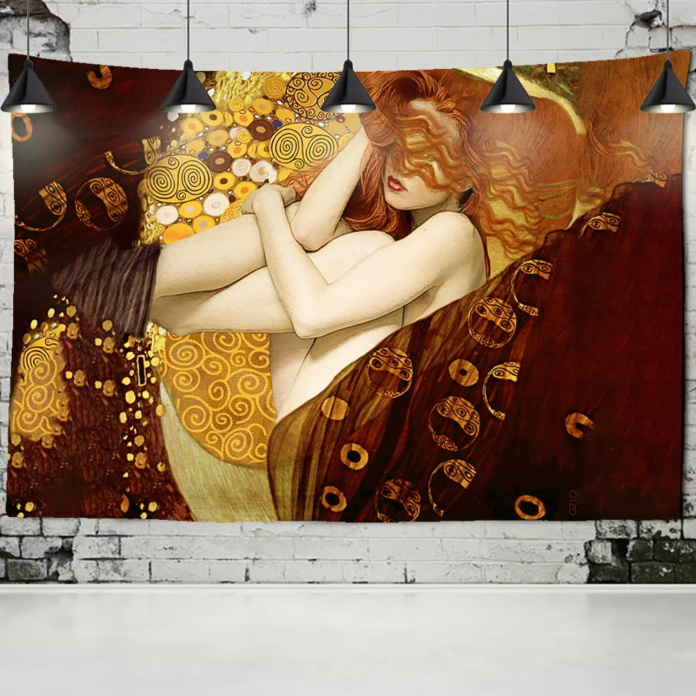 Gustav Klimt Oil Painting Tapestry Wall Hanging Kiss Of Gold Abstract Art Decoration Polyester Blanket Yoga Mat Home Bedroom Art