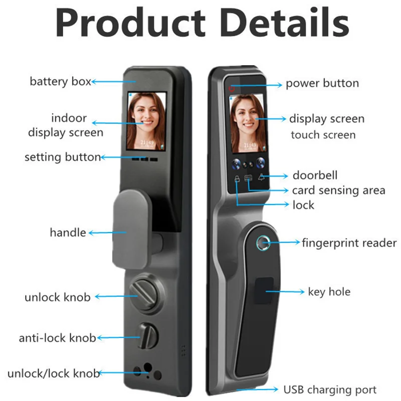 TUYA WIFI Remote Unlock Facial Recognition Smart Door Lock With Camera Fingerprint Palm Print Magnetic Card Password Key Unlock