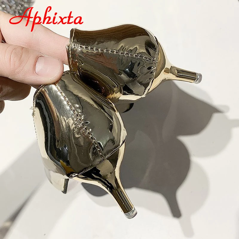 Aphixta 5.5cm Heels Women Pumps Shoes Fashion Pointed Toe Bling Gold Leather Sexy Party Official Shoes Woman Big Size 49 50