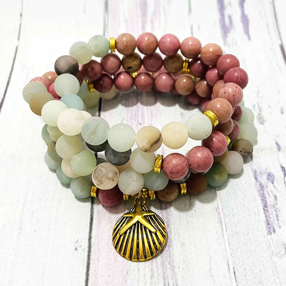 SN1540 Women`s Natutal Rhodonite 108 Mala Bracelet Matte Amazonite Shell Charm Mala Necklace Mala Bead Meditation Yoga Bracelet